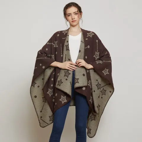Donna Scialle Poncho in Maglia Jacquard Double Face Motivo a Stelle Caldo Finto Cashmere Mantella Aperta Sciarpa Oversize