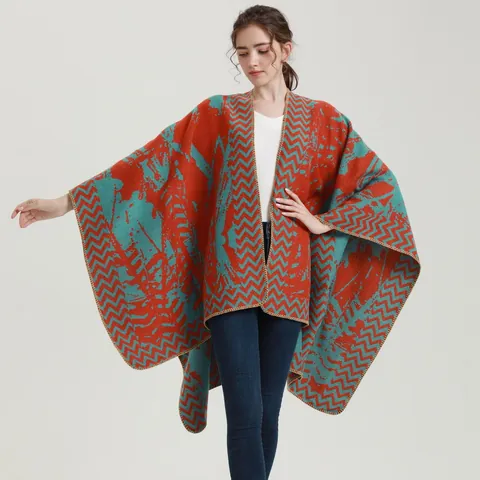 Poncho Chal de Punto Bohemio Vintage para Mujer Engrosado Cálido Imitación de Cachemira Capa Abierta para Invierno