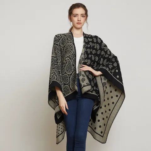 Scialle Poncho Donna Paisley Retrò Jacquard Doppia Faccia Pois Acrilico Poliestere Mantella Avvolgente Oversize Bohemien Inverno