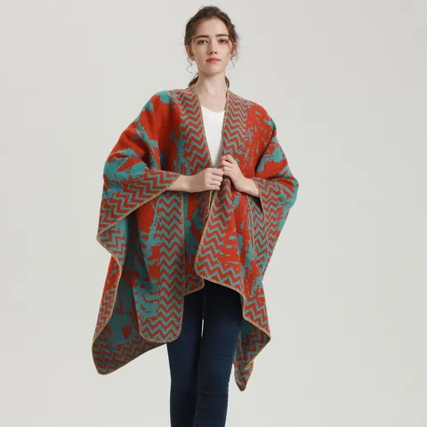 Poncho Chal de Punto Bohemio Vintage para Mujer Engrosado Cálido Imitación de Cachemira Capa Abierta para Invierno
