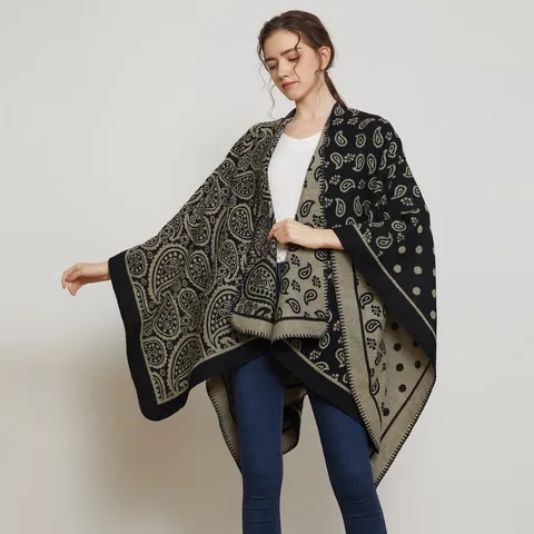 Scialle Poncho Donna Paisley Retrò Jacquard Doppia Faccia Pois Acrilico Poliestere Mantella Avvolgente Oversize Bohemien Inverno