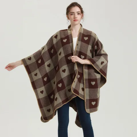 Dames Etnische Geruite Hart Patroon Poncho Cape Kasjmier-achtig Acryl Polyester Gebreide Sjaal Omslagdoek Winter Warm