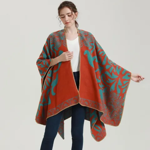 Dames Imitatie Kasjmier Sjaal Cape Retro Bloemenprint Dikke Warme Poncho Open Voorzijde Wrap Scarf Herfst Winter Outwear Jas