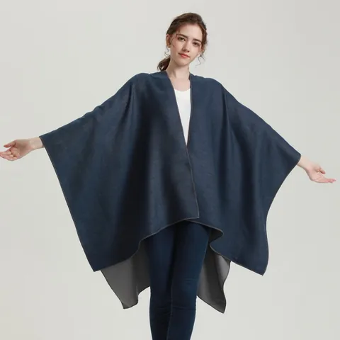 Châle Poncho Femme Double Face Imitation Cachemire Fente à l'Ourlet Chaud Acrylique Polyester Jacquard Cape Cardigan Enveloppant