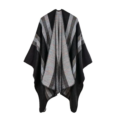 Damen Ethno Geometrische Streifen Poncho Cape Weiches Kaschmir-Imitat Vorne Offen Schal Wickel Winter Warm Oversized Strickponcho