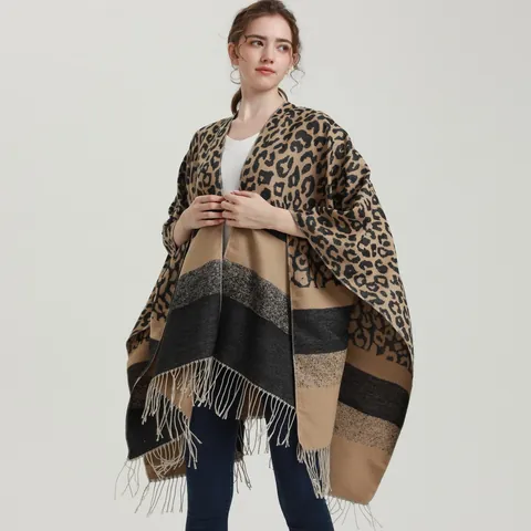 Mantón Poncho para Mujer Estampado de Leopardo Rayas Efecto Cachemira Con Borlas Cálido Invierno Otoño Capa Abierta a la Moda