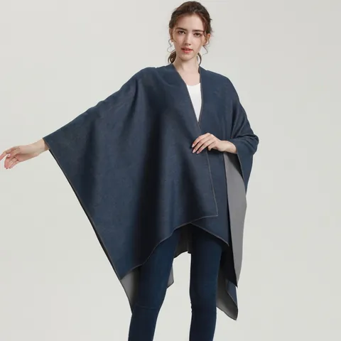 Châle Poncho Femme Double Face Imitation Cachemire Fente à l'Ourlet Chaud Acrylique Polyester Jacquard Cape Cardigan Enveloppant