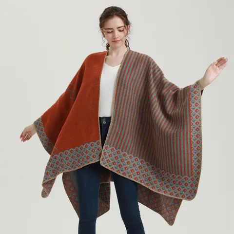 Dames Retro Boheemse Gebreide Sjaal Mantel Acryl Polyester Geometrische Strepen Kwastjes Zacht Warm Winter Poncho Open Voorzijde Bovenkleding