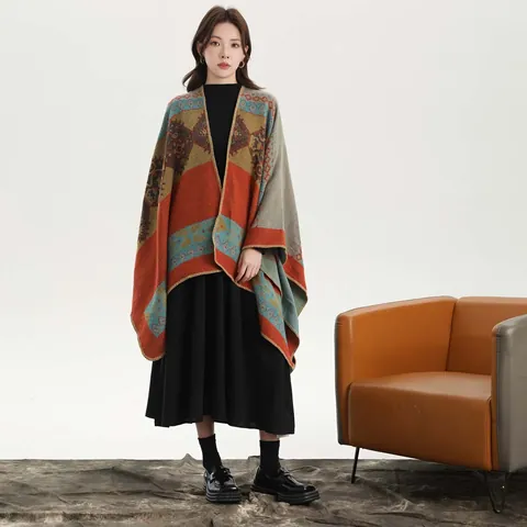 Women Vintage Ethnic Poncho Shawl Faux Cashmere Geometric Jacquard Slit Warm Cape Bohemian Multicolor Open Front Scarf Wrap