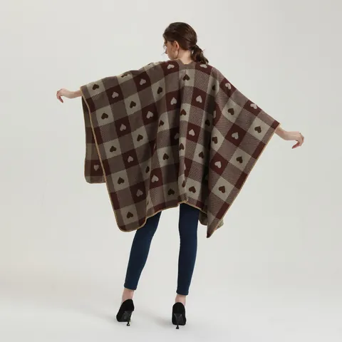 Dames Etnische Geruite Hart Patroon Poncho Cape Kasjmier-achtig Acryl Polyester Gebreide Sjaal Omslagdoek Winter Warm