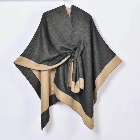 Châle Poncho Femme Imitation Cachemire Bloc de Couleur Cape Ouverte Devant Fendue Cardigan Enveloppant en Tricot Chaud Pour Automne Hiver