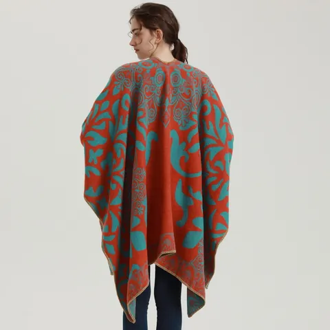 Dames Imitatie Kasjmier Sjaal Cape Retro Bloemenprint Dikke Warme Poncho Open Voorzijde Wrap Scarf Herfst Winter Outwear Jas