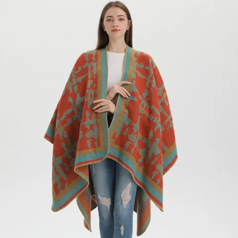 Women's Vintage Bohemian Geometric Pattern Poncho Cape Imitation Cashmere Warm Open Front Shawl Wrap For Winter Autumn