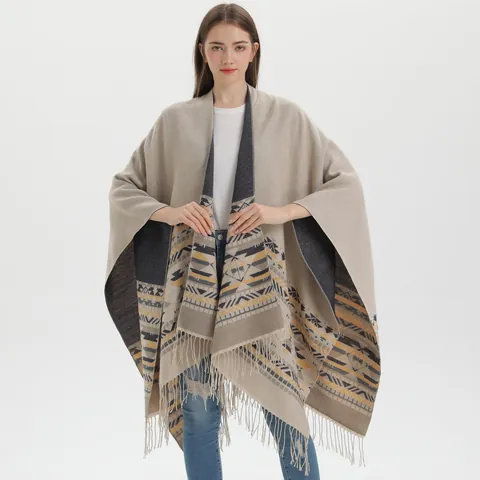 Women Bohemian Ethnic Geometric Knitted Shawl Poncho With Tassels Soft Imitation Cashmere Warm Split Cape For Autumn Winter