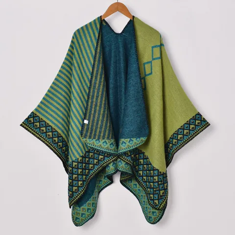Women Retro Bohemian Knitted Shawl Cloak Acrylic Polyester Geometric Stripe Tassels Soft Warm Winter Poncho Open Front Outerwear