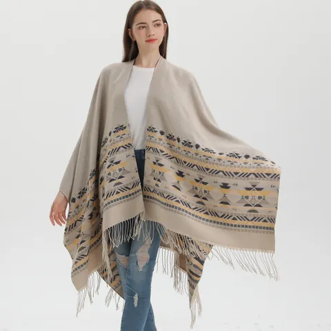 Women Bohemian Ethnic Geometric Knitted Shawl Poncho With Tassels Soft Imitation Cashmere Warm Split Cape For Autumn Winter