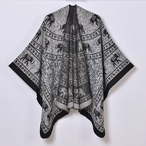 Vintage Ethnic Elephant Pattern Knitted Poncho Shawl For Women Bohemian Jacquard Split Warm Cape Cloak Autumn Tassel Wrap