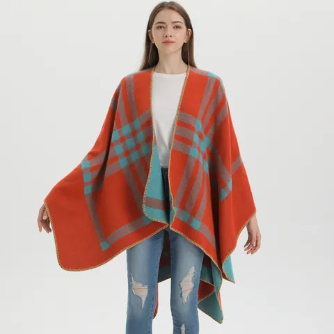 Women's Checkered Plaid Poncho Shawl Imitation Cashmere Open Front Split Cape Wrap Winter Warm Casual Fashion Outerwear