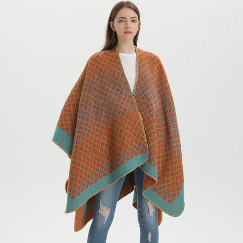 Poncho Châle en Tricot Géométrique Vintage pour Femme Doux Imitation Cachemire Cardigan Ouvert sur le Devant