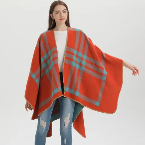 Women's Checkered Plaid Poncho Shawl Imitation Cashmere Open Front Split Cape Wrap Winter Warm Casual Fashion Outerwear