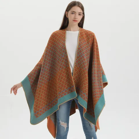 Poncho Châle en Tricot Géométrique Vintage pour Femme Doux Imitation Cachemire Cardigan Ouvert sur le Devant