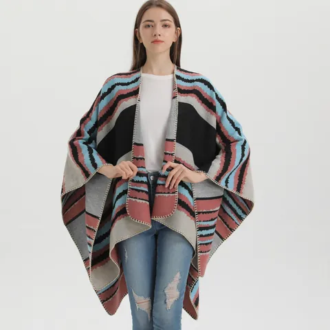 Chal de Punto a Rayas para Mujer Poncho Abierto al Frente Capa de Imitación de Cachemira Bufanda Cálida de Invierno Patrón Geométrico Estilo Étnico Manta Envolvente