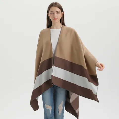 Women Fashion Double Sided Striped Poncho Shawl Open Front Color Block Knitted Cloak Imitation Cashmere Warm Cape Wrap
