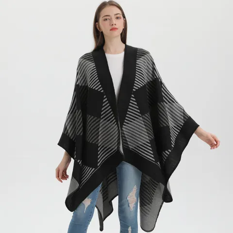 Poncho Châle Femme Vintage à Motifs Géométriques Cape en Maille Ouverte Imitation Cachemire Enveloppe d'Hiver Chaude