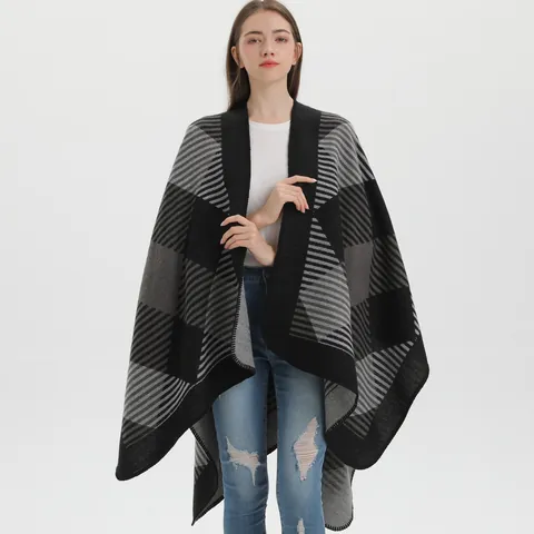 Poncho Châle Femme Vintage à Motifs Géométriques Cape en Maille Ouverte Imitation Cachemire Enveloppe d'Hiver Chaude