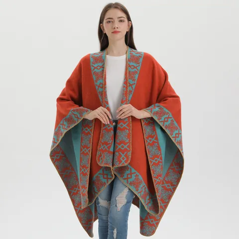 Women Vintage Ethnic Jacquard Poncho Shawl Imitation Cashmere Thick Warm Split Cape Wrap For Autumn Winter Daily Wear