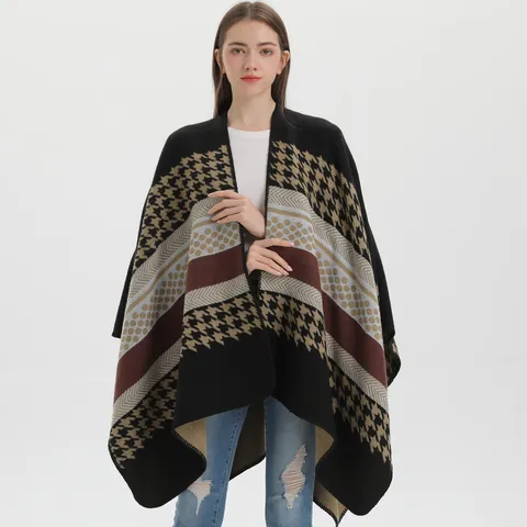 Vintage Πόντσο Εσάρπα με Houndstooth Ρίγες για Γυναίκες Πλεκτό Απομίμηση Κασμίρ με Σχισμή Ανοιχτό Μπροστά Ζεστή Χειμερινή Κάπα