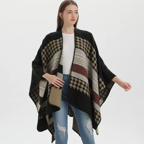 Vintage Πόντσο Εσάρπα με Houndstooth Ρίγες για Γυναίκες Πλεκτό Απομίμηση Κασμίρ με Σχισμή Ανοιχτό Μπροστά Ζεστή Χειμερινή Κάπα