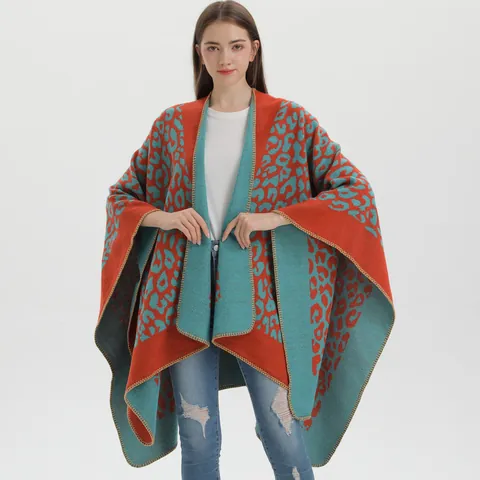 Women's Leopard Print Imitation Cashmere Shawl Wrap Split Front Poncho Cape With Whipstitch Edge Winter Warm Scarf