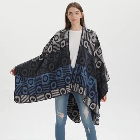 Women's Geometric Pattern Split Shawl Wrap Imitation Cashmere Warm Autumn Winter Poncho Cardigan Cape Open Front Pashmina