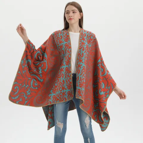 Vintage Ethnic Flame Auspicious Cloud Jacquard Poncho Shawl For Women Faux Cashmere Warm Split Wrap Cardigan Cape Top