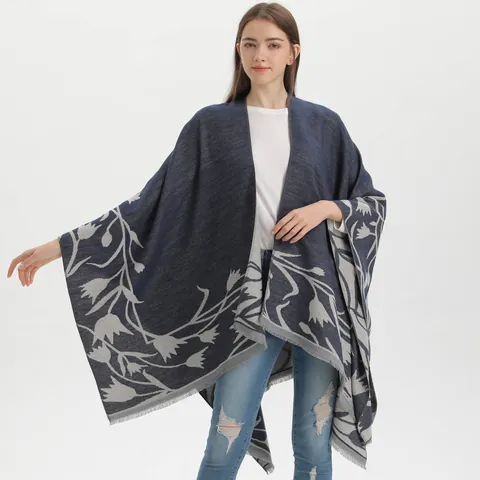 Vintage Double Sided Split Shawl Poncho Women Imitation Cashmere Tulip Floral Jacquard Tassel Cape Cardigan Blanket Wrap