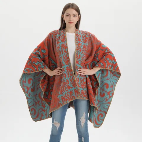 Vintage Ethnic Flame Auspicious Cloud Jacquard Poncho Shawl For Women Faux Cashmere Warm Split Wrap Cardigan Cape Top