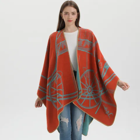 Poncho de Punto para Mujer Con Patrón de Rueda de Carruaje Vintage Capa de Imitación de Cachemira Gruesa Chal Cálido de Invierno Cárdigan Abierto