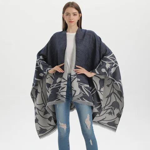 Vintage Double Sided Split Shawl Poncho Women Imitation Cashmere Tulip Floral Jacquard Tassel Cape Cardigan Blanket Wrap