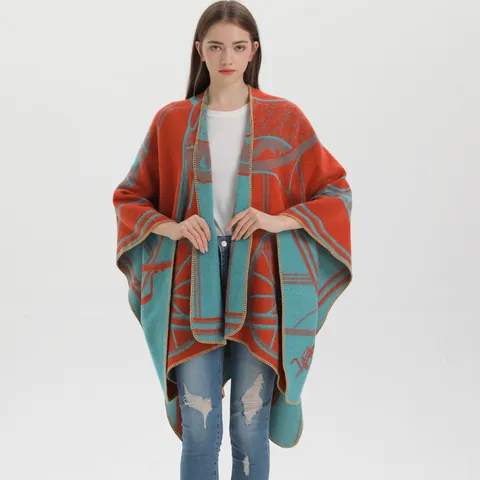 Poncho de Punto para Mujer Con Patrón de Rueda de Carruaje Vintage Capa de Imitación de Cachemira Gruesa Chal Cálido de Invierno Cárdigan Abierto