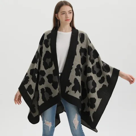 Women Leopard Print Oversized Shawl Scarf Poncho Imitation Cashmere Split Front Thick Warm Winter Wrap Catwalk Cape