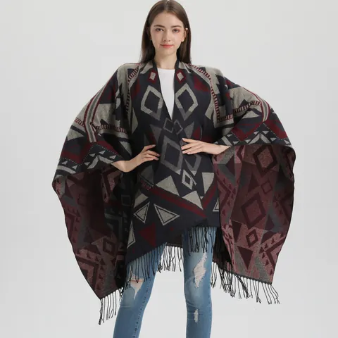 Damen Bohemian Geometrisches Muster Poncho Schal Verdicktes Kaschmir-Imitat Mit Quasten Retro Tribal Vorne Offener Umhang