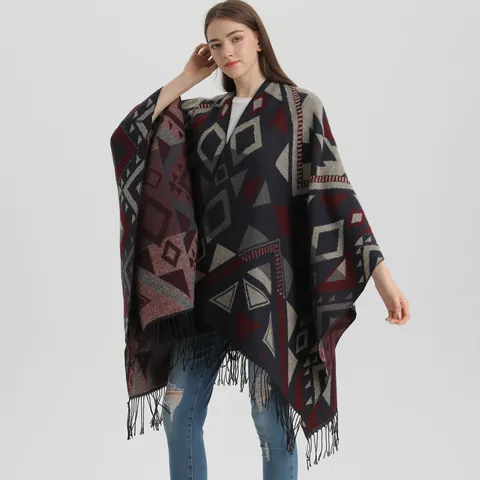 Damen Bohemian Geometrisches Muster Poncho Schal Verdicktes Kaschmir-Imitat Mit Quasten Retro Tribal Vorne Offener Umhang