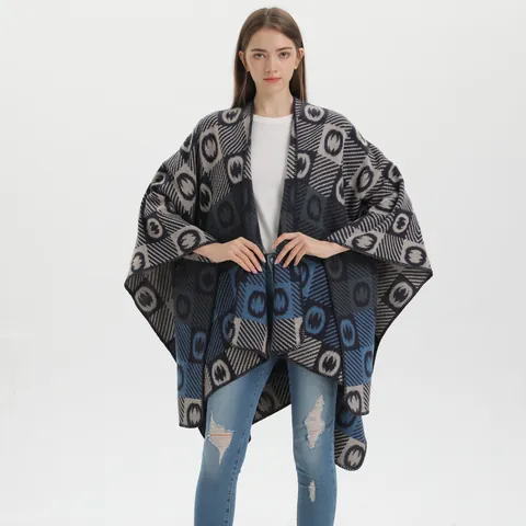 Women's Geometric Pattern Split Shawl Wrap Imitation Cashmere Warm Autumn Winter Poncho Cardigan Cape Open Front Pashmina