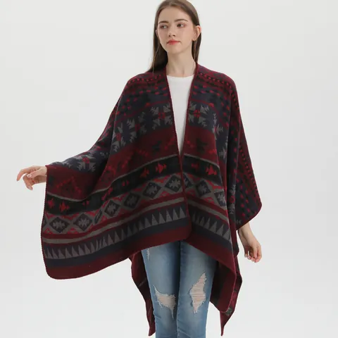 Damen Böhmisch Ethnisch Geometrisch Gestrickter Schal Poncho Kaschmir-Imitat Dick Warm Vorne Offen Wickel Vintage Tribal Cape Für Herbst Winter