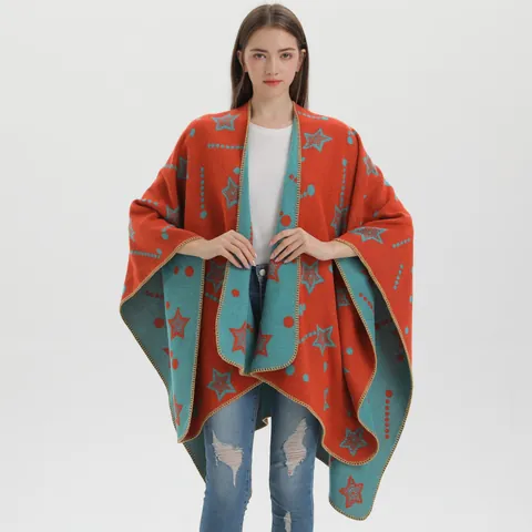 Women's Double Sided Knitted Poncho Shawl Star Polka Dot Reversible Split Cape Fashion Warm Soft Winter Wraps For Daily Office