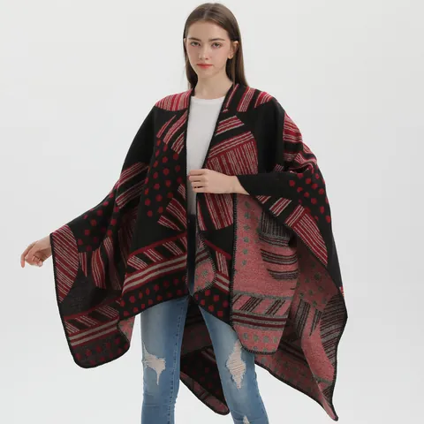 Damen Vintage Geometrisches Muster Poncho Schal Weicher Strick Dicker Umhang Für Herbst Winter Offene Front Strickjacke