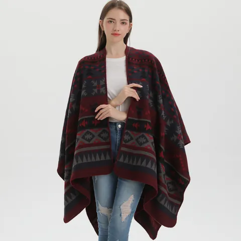 Damen Böhmisch Ethnisch Geometrisch Gestrickter Schal Poncho Kaschmir-Imitat Dick Warm Vorne Offen Wickel Vintage Tribal Cape Für Herbst Winter