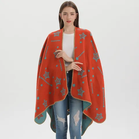 Women's Double Sided Knitted Poncho Shawl Star Polka Dot Reversible Split Cape Fashion Warm Soft Winter Wraps For Daily Office