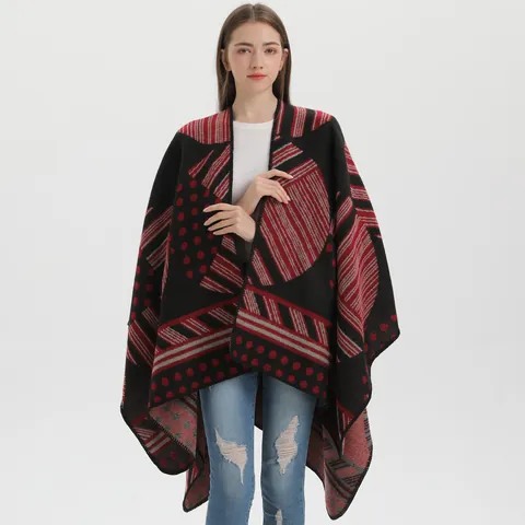Damen Vintage Geometrisches Muster Poncho Schal Weicher Strick Dicker Umhang Für Herbst Winter Offene Front Strickjacke